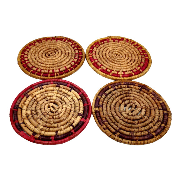 4 Handcrafted Vintage African Coil Basket Woven Wicker Rattan Trivets Wall Decor - Picture 7 of 16